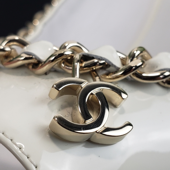 Chanel White Gold Chain Patent Leather Sling Back Open Toe sz 39/8,5 - Picture 6 of 17